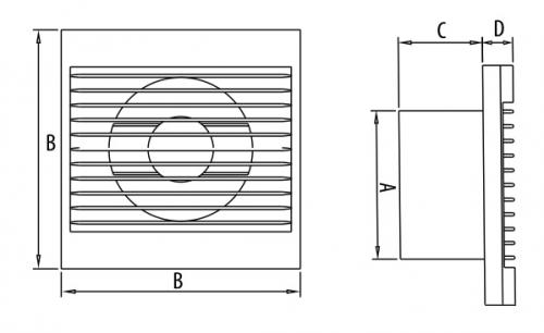 Размеры вентилятора Styl 120 WP-P: A - 118 мм; B - 158 мм; C - 56 мм; D - 20 мм;
